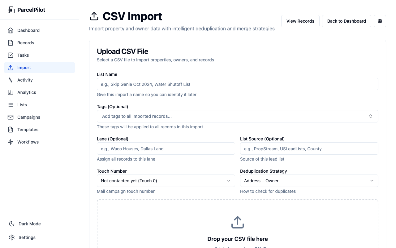 CSV import wizard — drag-and-drop column mapping